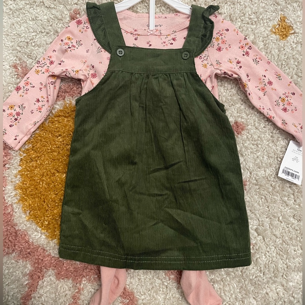NWT 3 piece carters green corduroy and pink floral set